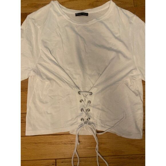 Zara women's white short sleeve cropped shirt with laced up tied front size lrg - Picture 3 of 8